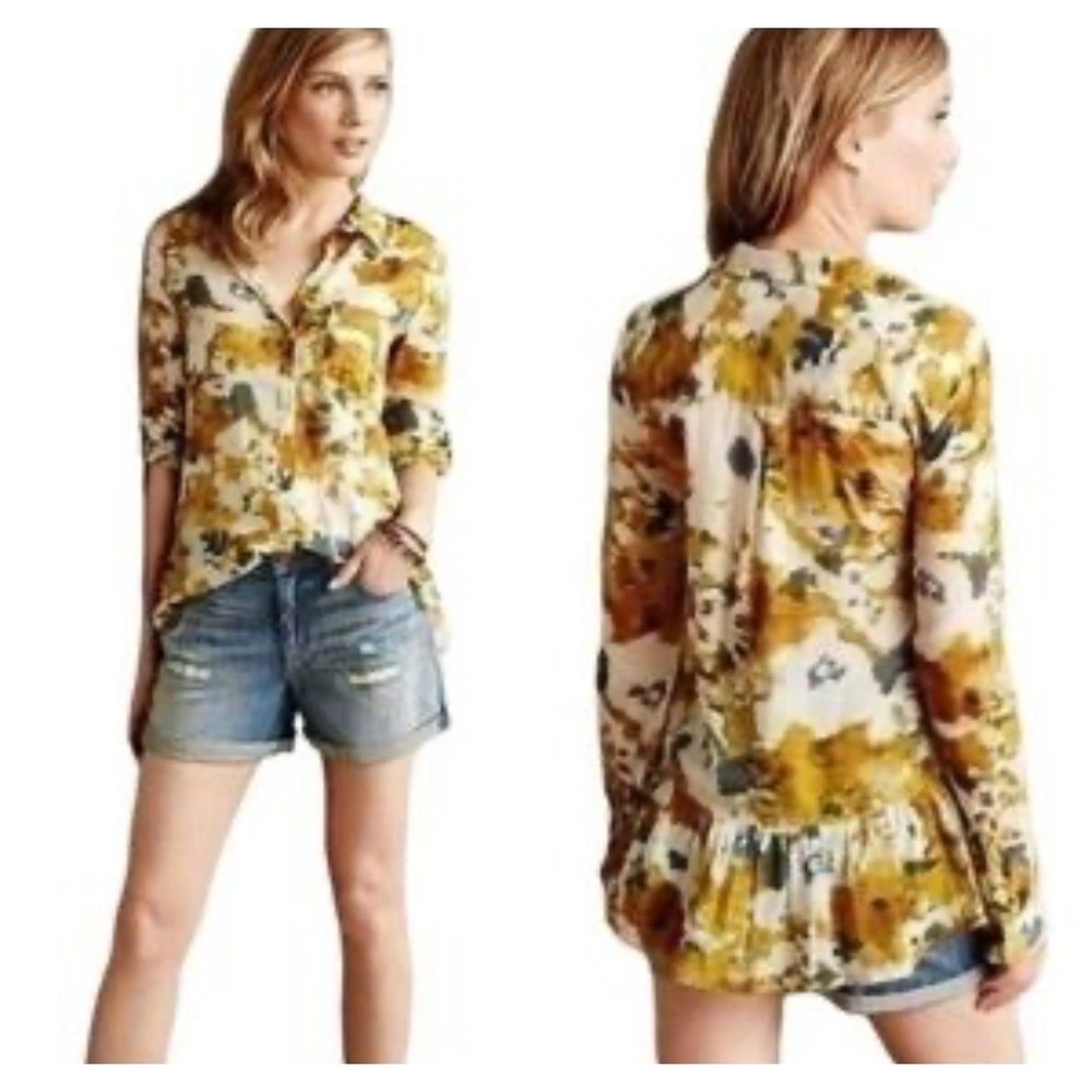 Holding Horses Anthropologie Yellow Gray Cotton Roll Tab Button Down Shirt Sz 6